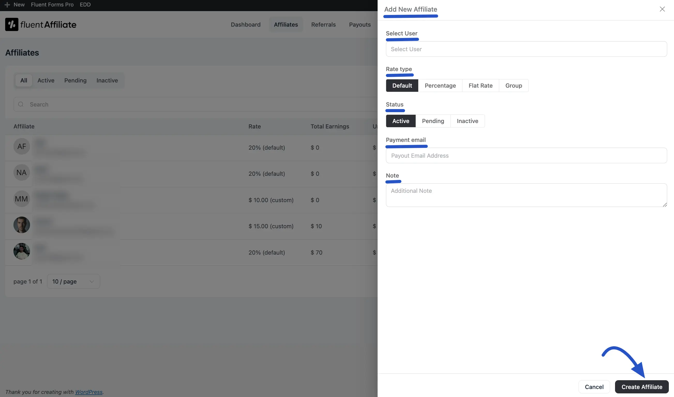 Add Affiliate Form