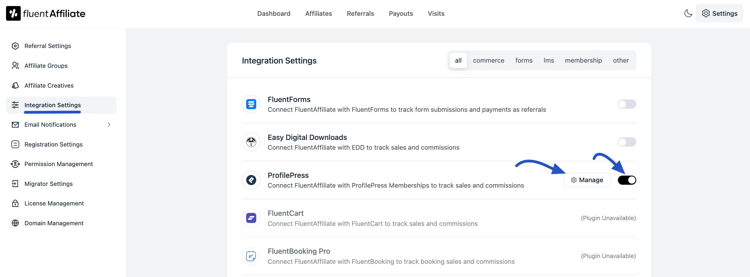 Enable ProfilePress in FluentAffiliate