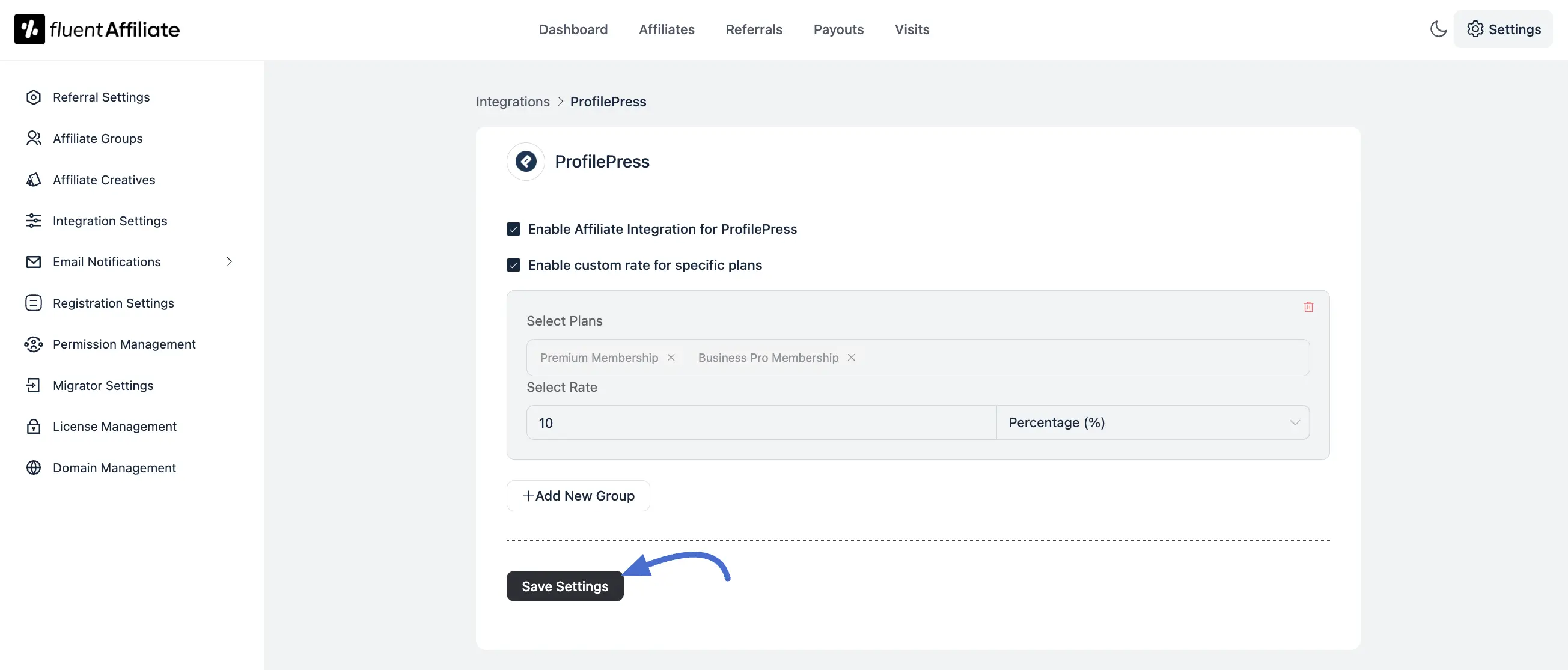 Setting a custom affiliate rate for a ProfilePress membership plan