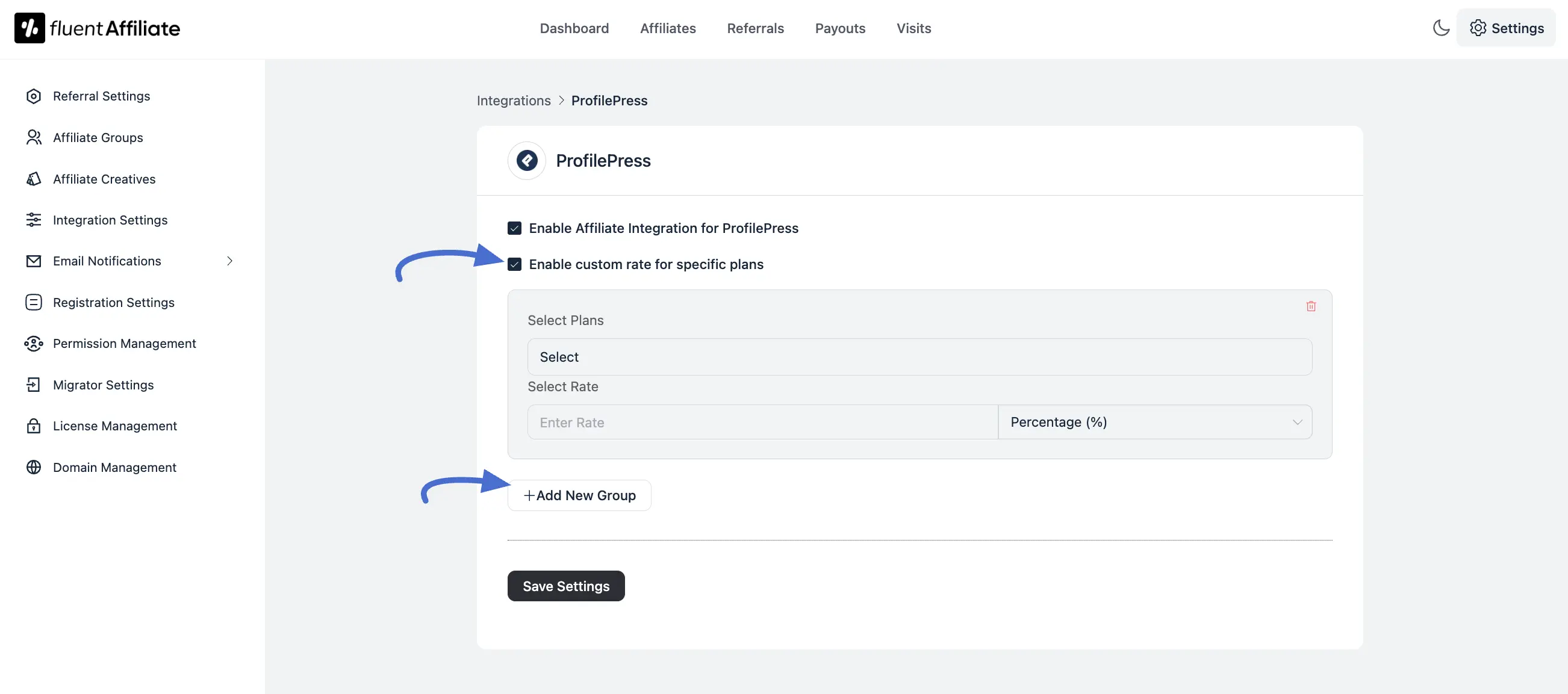 ProfilePress affiliate settings configuration panel